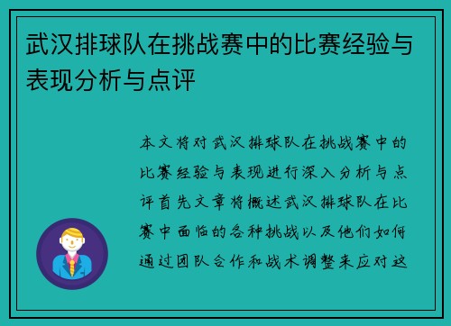 武汉排球队在挑战赛中的比赛经验与表现分析与点评